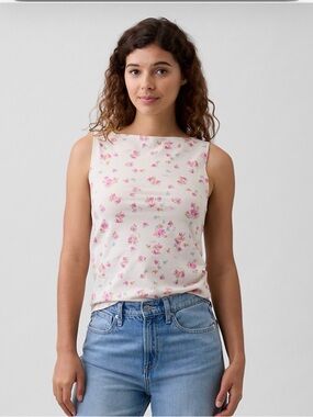 GAP boatneck Cream Top with Pink and Coral Floral Accents